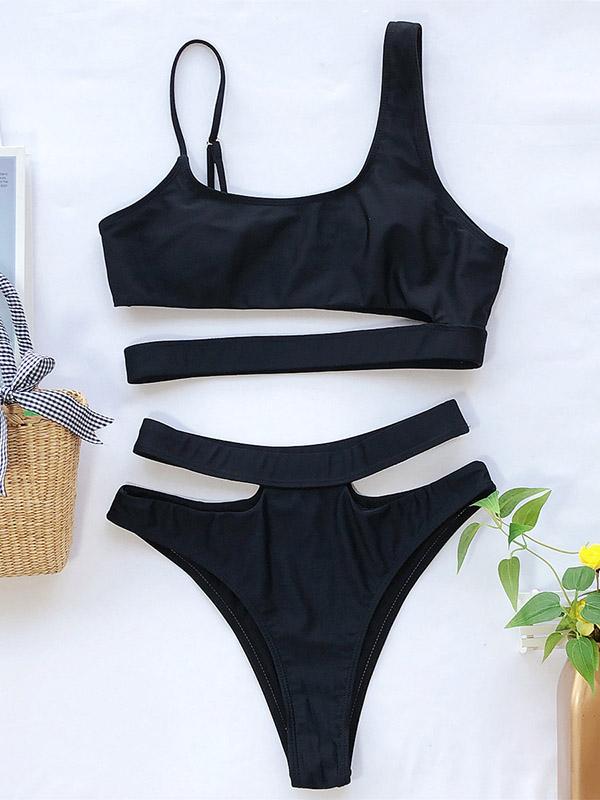 Asymmetric Bandage Hollow Split Bikini Swimsuit