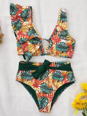 Floral Falbala Asymmetric Bikini Swimsuit