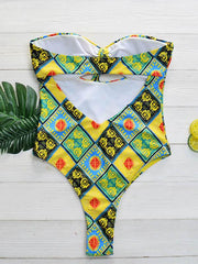 Vintage Print Hollow Bandage Bandeau One-Piece Swimwear