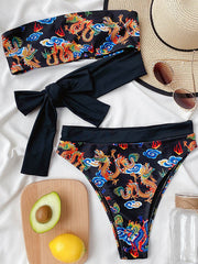 Chinese Style Printing Bandeau Bandage Split Bikini Swimsuit