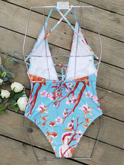 Spaghetti-Neck Floral Belted One-Piece Swimwear