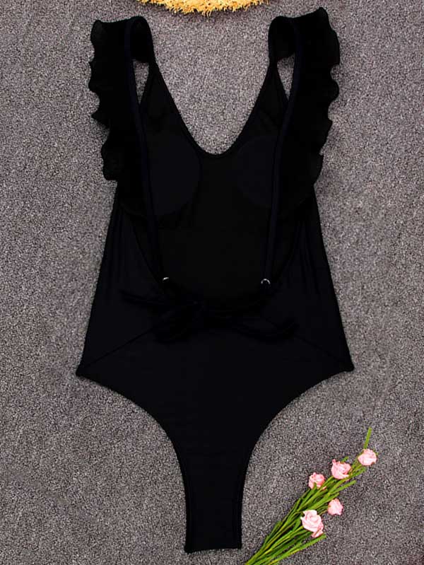 Solid Color Lace Split-Joint Backless One-Piece Swimwear