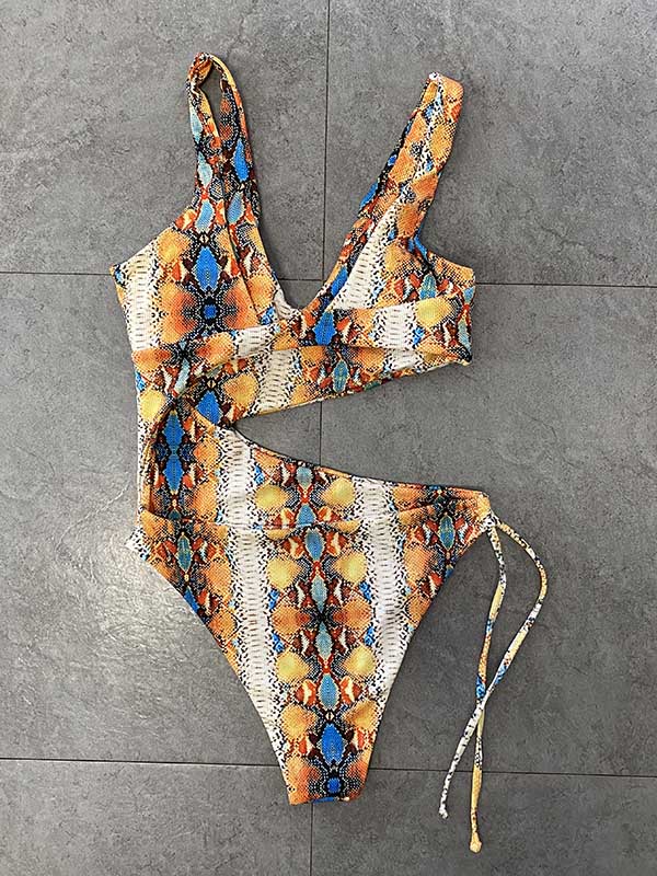 Sleeveless Printing Hollow Bandage Monokini Swimwear