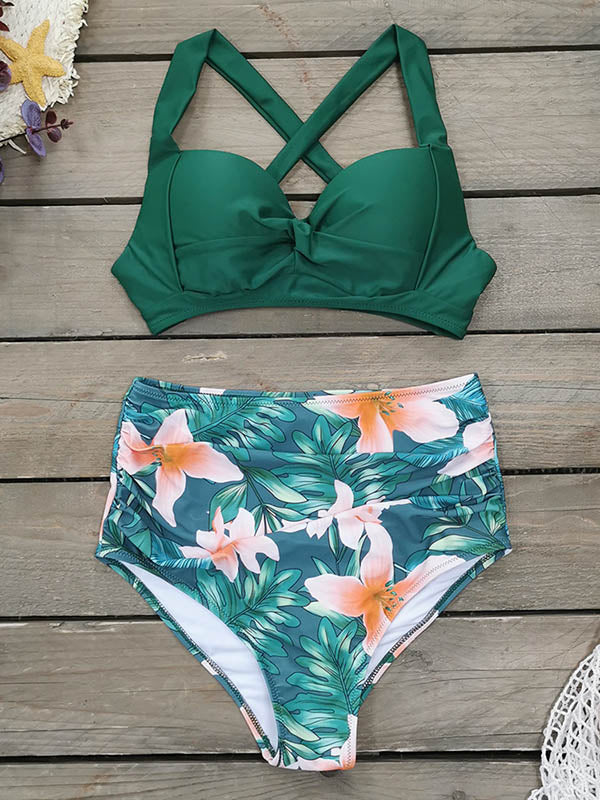 Halter-Neck High-Waisted Floral Bikini Swimsuit