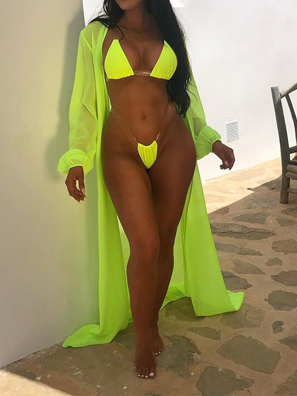 Solid Color Triangles Split Bikini Swimsuit+Long Sleeve Blouse Three-Piece Set