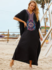 Embroidered V-Neck Split-Side Short Sleeve Loose Cover-Up Swimwear