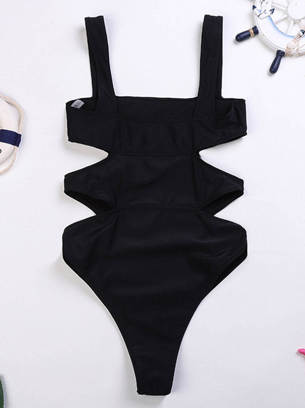 Solid Color Sleeveless Zipper Monokini Swimwear