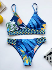 Floral-Print Split-Joint  Spaghetti-Neck Split Bikini Swimsuit