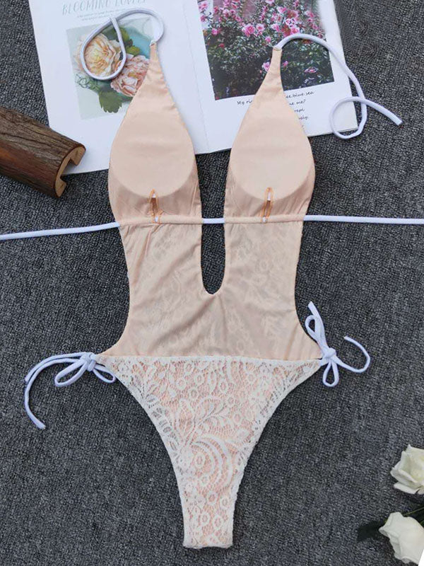 Monokini Halterneck Lace Split-Joint One-Piece Swimwear