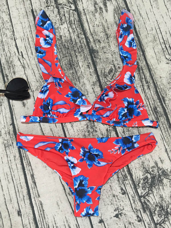 Floral Print Falbala Split Bikini Swimsuit