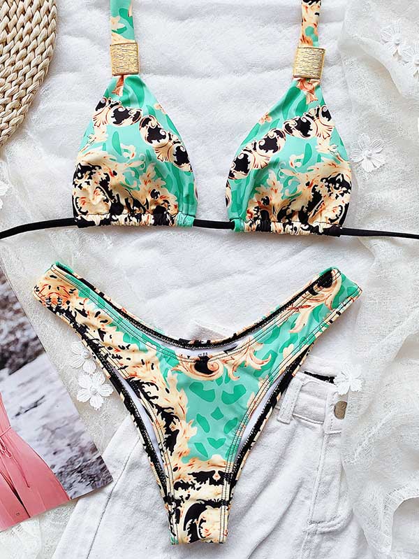 Ethnic Printed Knotted  Triangles Split Bikini Swimsuit