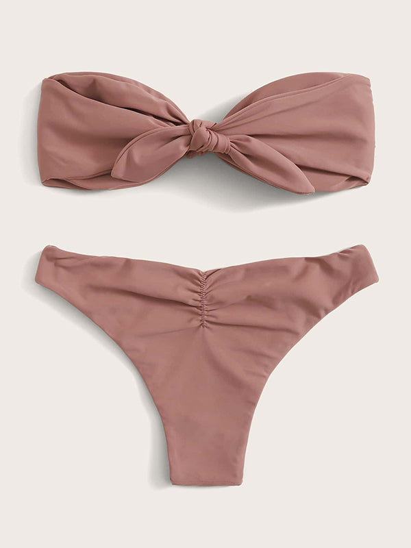 Solid Color Knotted Bandeau Split Bikini Swimsuit