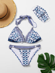 Blue And White Porcelain Triangles Knotted Split Bikini Swimsuit+Face Mask