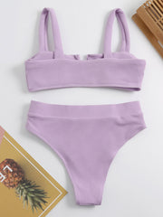 Einfarbiger Bandeau-Bikini-Badeanzug mit V-Ausschnitt und Schlitz 