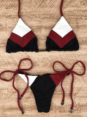 Contrast Color Split-Joint Triangles Bandage Split Bikini Swimsuit