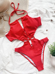 Solid Color Halterneck Hollow Monokini Swimwear