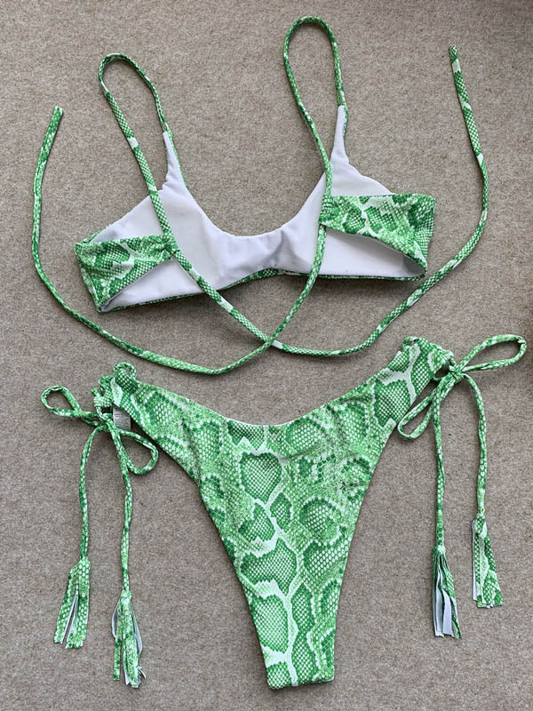 Snake-Print Bandage Spaghetti-Neck Split Bikini Swimsuit