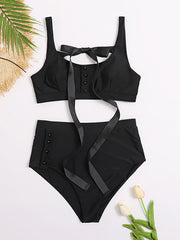 Solid Color Bowknot Lace-Up Bikini Swimsuit