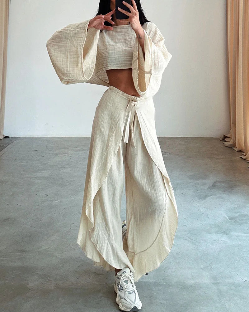 Casual slit tie cotton and linen two-piece set