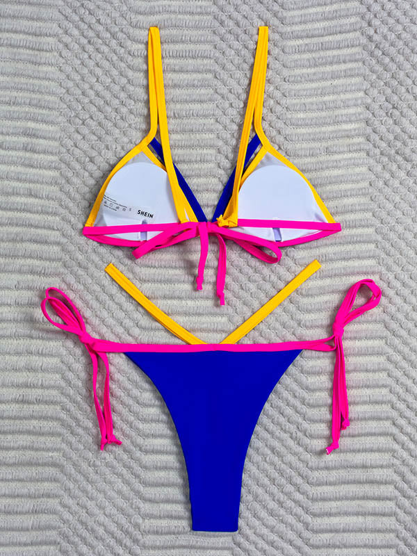 Spaghetti-Neck Contrast Color Bralette Tie Side Bikini Swimwear