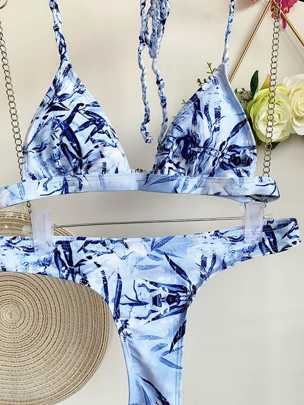 Leaf Printing Triangles Halterneck Split Bikini Swimsuit