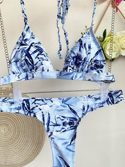 Leaf Printing Triangles Halterneck Split Bikini Swimsuit