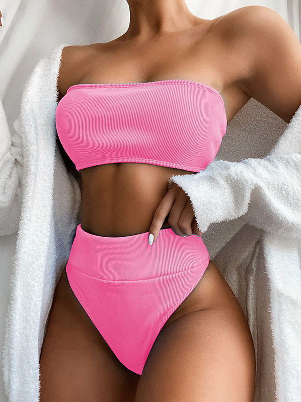 Solid Color Striped Bandeau Split Bikini Swimsuit