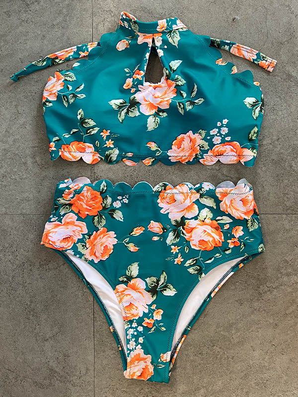 Halter-Neck Floral Falbala Bikini Swimsuit