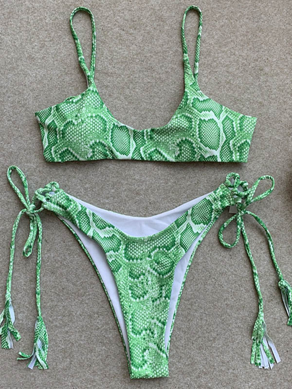 Snake-Print Bandage Spaghetti-Neck Split Bikini Swimsuit