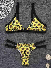 Floral-Print Bandage Hollow V-Neck Split Bikini Swimsuit