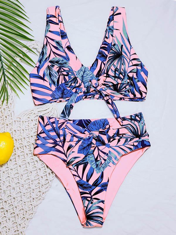 Floral-Print Knotted Hollow Split Bikini Swimsuit