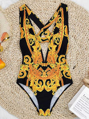 Floral Sexy Halterneck Deep V-Neck Backless One-Piece Swimwear