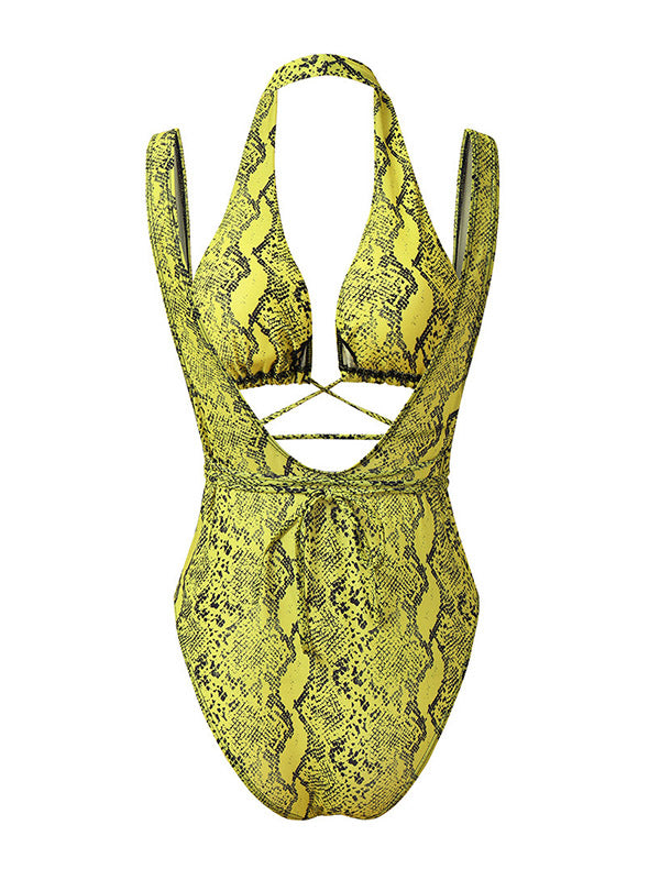 Sexy Snake-Print Bandage Split Bikini Swimsuit