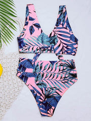 Floral-Print Knotted Hollow Split Bikini Swimsuit