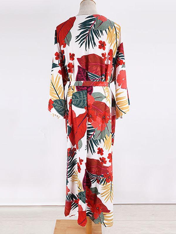 Floral-Print Belted Long Sleeve Tunicshang Cover-Ups