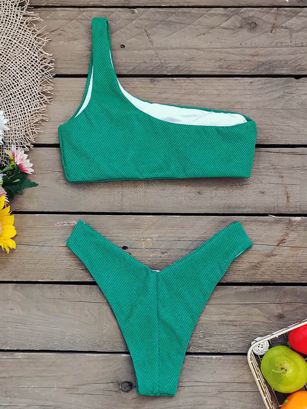 Solid Color One Shoulder Bandeau Bikini Swimwear