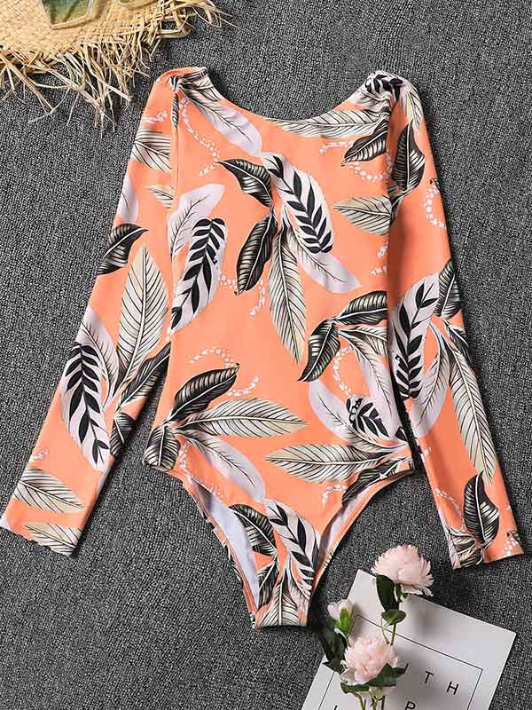 Long Sleeve Floral Print Backless Wetsuit Swimwear