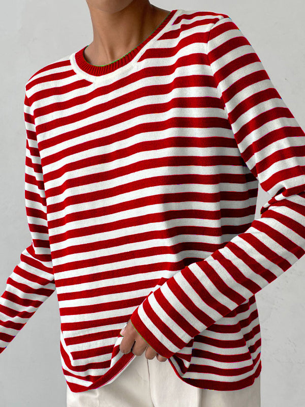 Long Sleeves Loose Split-Joint Striped Round-Neck Sweater Tops