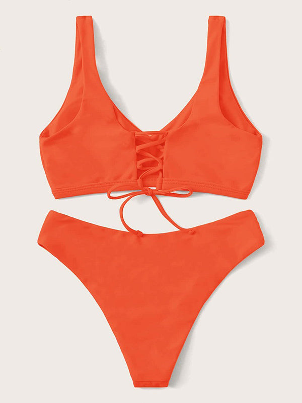 Fluorescent Solid Color Backless Bandage Split Bikini Swimsuit