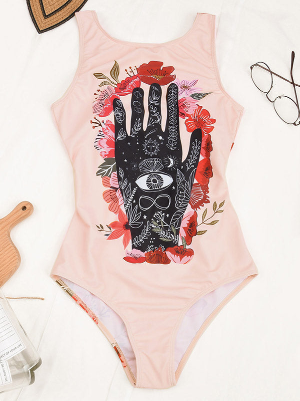 Fashion Sleeveless Floral Backless Padded One-Piece Swimwear