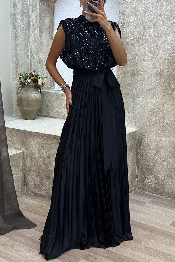 See You At The Party Sequin Patchwork Belt Pleated Maxi Dress