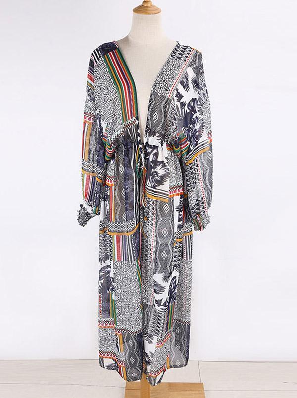 Floral-Print Split-Joint Belted Long Sleeve Tunicshang Cover-Ups