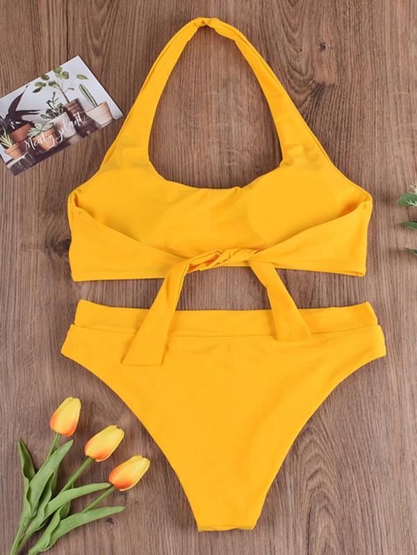 Solid Color Halterneck Bandage Split Bikini Swimsuit