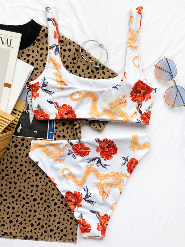 Chinese Style Printed U-Neck Split Bikini Swimsuit