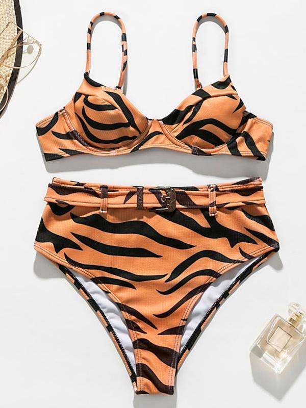 Tiger Pattern Belted Embellished Underwired Split Bikini Swimsuit