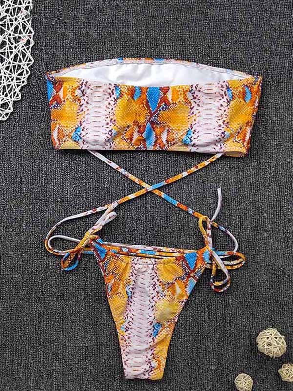 Snake-Print Bandeau Bandage Split Bikini Swimsuit