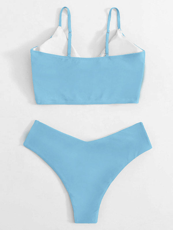 Solid Color Crossed Split-Joint V-Neck Split Bikini Swimsuit