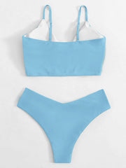 Solid Color Crossed Split-Joint V-Neck Split Bikini Swimsuit