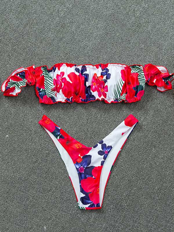 Floral-Print Puff Sleeves Off-The-Shoulder Split Bikini Swimsuit