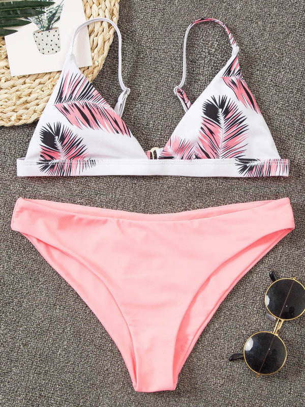 Floral-Print Color-Block Triangles Split Bikini Swimsuit